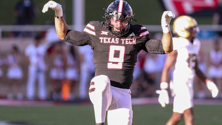 Texas Tech's Romello Height celebrates his sack against UCF during a Big 12 Conference football game, Saturday, Nov. 15, 2025, at Jones AT&T Stadium.