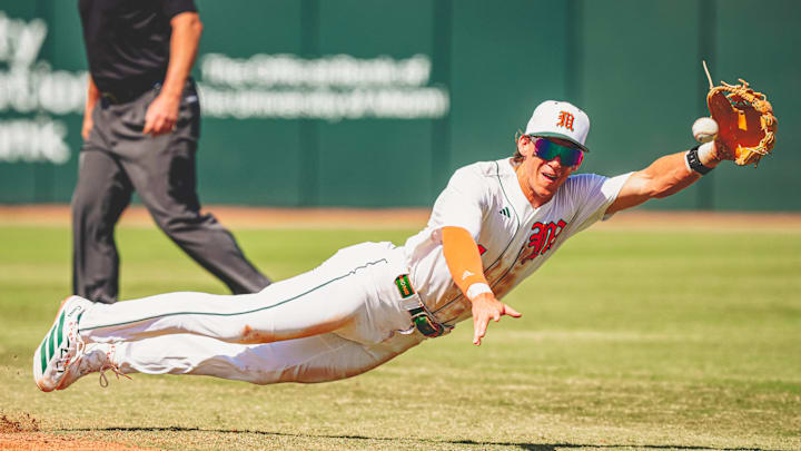 Miami Hurricanes second baseman Jake Ogden making a great catch against Lehigh.