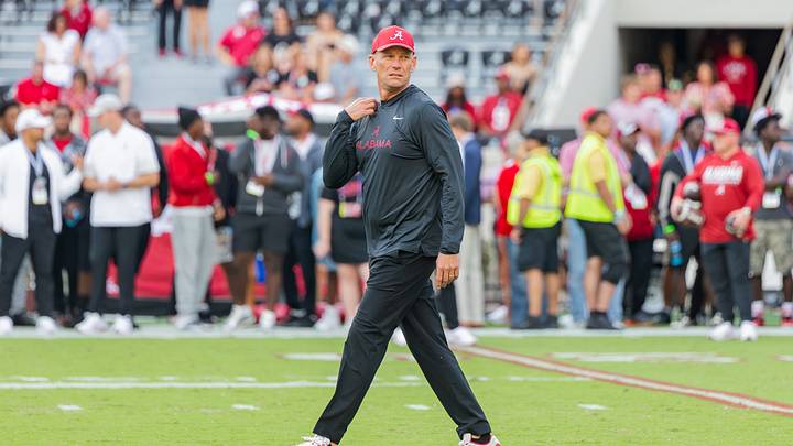 Alabama head coach Kalen DeBoer on the field before the match up against South Carolina on Sept 26, 2026.