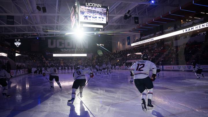 Connecticut Huskies hockey players take the ice before a game at the Toscano Family Ice Forum. Connecticut Huskies hockey players take the ice before a game at the Toscano Family Ice Forum.