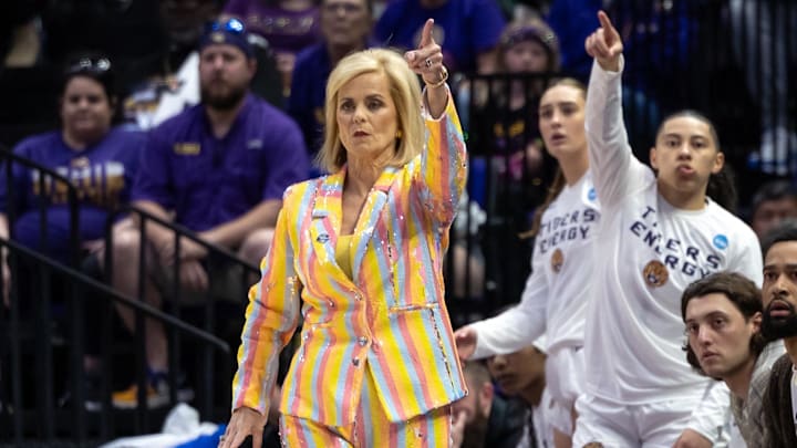Mar 24, 2024; Baton Rouge, Louisiana, USA;  LSU Lady Tigers head coach Kim Mulkey looks on against the Middle Tennessee Blue Raiders during the first half at Pete Maravich Assembly Center. Mandatory Credit: Stephen Lew-Imagn Images