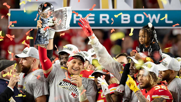 Kansas City Chiefs quarterback Patrick Mahomes (15) celebrates with the Vince Lombardi Trophy after Super Bowl LIV win over the 49ers at Hard Rock Stadium in Miami Gardens, Feb. 2, 2020.  [ALLEN EYESTONE/The Palm Beach Post]

Super Bowl Kansas City Chiefs Vs San Francisco 49ers