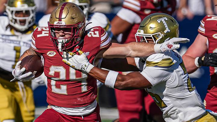 Oct 24, 2026; Atlanta, Georgia, USA; Boston College Eagles running back Bo MacCormack III (24) runs against Georgia Tech Yellow Jackets defensive back Chris Hewitt Jr. (26) during the first half at Bobby Dodd Stadium at Hyundai Field. Mandatory Credit: Dale Zanine-Imagn Images