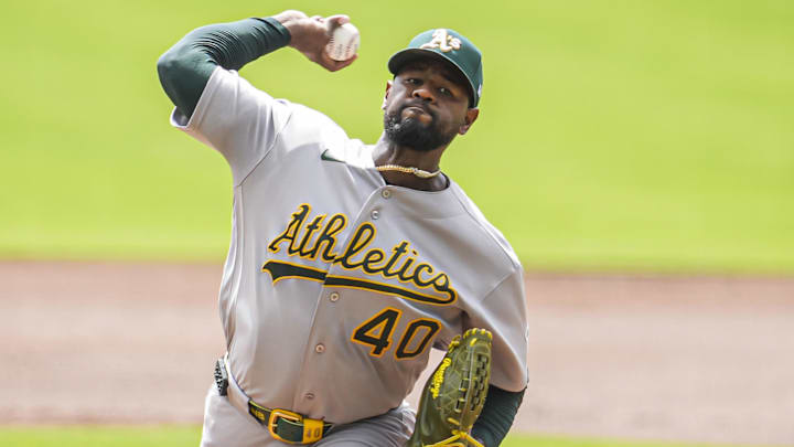 Apr 1, 2026; Cumberland, Georgia, USA; Athletics pitcher Luis Severino (40) pitches against the Atlanta Braves  during the first inning at Truist Park. 