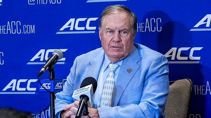 Jul 17, 2026; Charlotte, NC, USA; North Carolina head coach Bill Belichick, talks with the media during interviews at Hilton Charlotte Uptown. Mandatory Credit: Jim Dedmon-Imagn Images