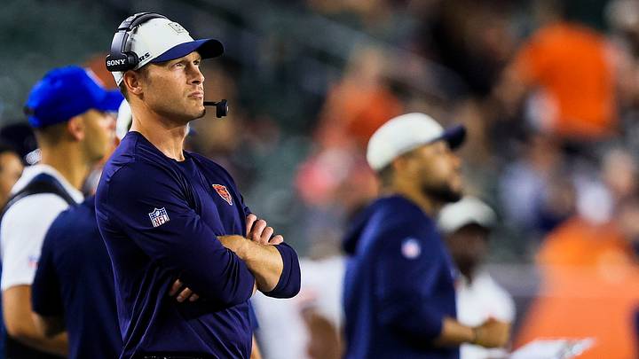 Aug 22, 2026; Cincinnati, Ohio, USA; Chicago Bears head coach Ben Johnson stands on the sidelines during the second half in the game against the Cincinnati Bengals at Paycor Stadium. Mandatory Credit: Katie Stratman-Imagn Images