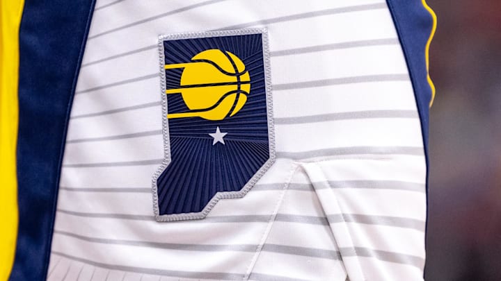 Nov 1, 2024; New Orleans, Louisiana, USA;  Details view of the Indiana Pacers logo against the New Orleans Pelicans during the second half at Smoothie King Center. Mandatory Credit: Stephen Lew-Imagn Images