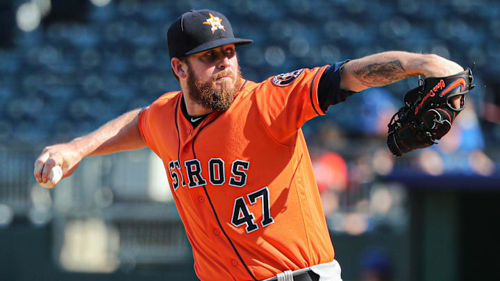 Sep 15, 2019; Kansas City, MO, USA; Houston Astros relief pitcher Chris Devenski (47) pitches against the Kansas City Royals at Kauffman Stadium.