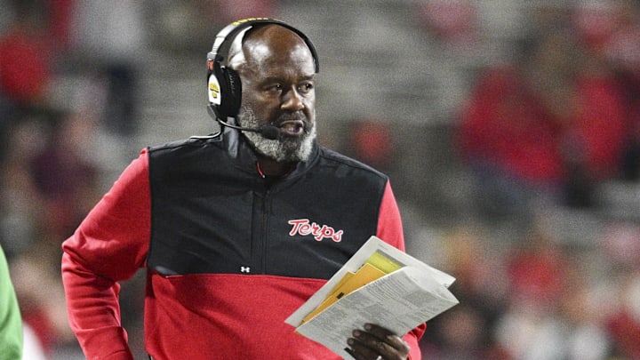 Oct 19, 2024; College Park, Maryland, USA;  Maryland Terrapins head coach Mike Locksley during the second half Southern California Trojans  at SECU Stadium. Mandatory Credit: Tommy Gilligan-Imagn Images