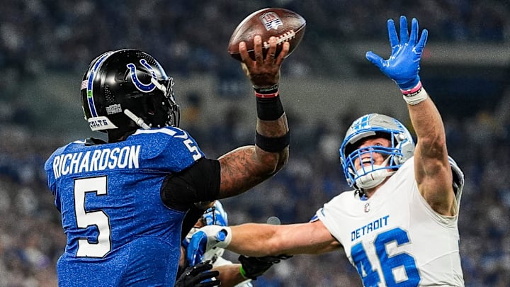Detroit Lions linebacker Jack Campbell (46) pressures Indianapolis Colts quarterback Anthony Richardson (5) during the first half at Lucas Oil Stadium in Indianapolis, Ind. on Sunday, Nov. 24, 2024.