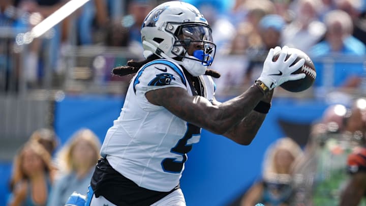 Carolina Panthers wide receiver Diontae Johnson (5) makes a catch for a score against the Cincinnati Bengals Carolina Panthers wide receiver Diontae Johnson (5) makes a catch for a score against the Cincinnati Bengals