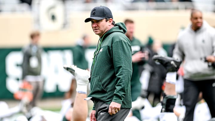 Michigan State's head coach Jonathan Smith looks on during the Spring Showcase on Saturday, April 20, 2024, at Spartan Stadium in East Lansing.
