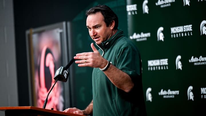 Michigan State coach Jonathan Smith talks the media on the first national signing day for college football recruits Wednesday, Dec. 4, 2024, at Spartan Stadium in East Lansing.