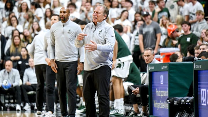 Michigan State's coach Tom Izzo calls out to players during the first half in the game against Bowling Green on Thursday, Oct. 23, 2025, at the Breslin Center in East Lansing. Michigan State's coach Tom Izzo calls out to players during the first half in the game against Bowling Green on Thursday, Oct. 23, 2025, at the Breslin Center in East Lansing.