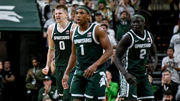 Michigan State's Jaxon Kohler, left, celebrates after making a 3-pointer against San Jose State during the second half on Thursday, Nov. 13, 2025, at the Breslin Center in East Lansing.