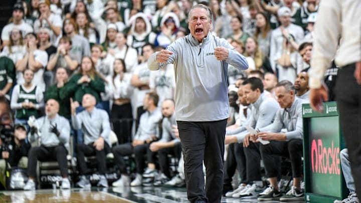 Michigan State's head coach Tom Izzo calls out to the team during the first half against Iowa on Tuesday, Dec. 2, 2025, at the Breslin Center in East Lansing.