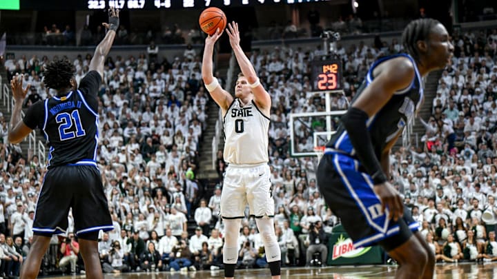 Michigan State's Jaxon Kohler makes a 3-pointer against Duke during the first half on Saturday, Dec. 6, 2025, at the Breslin Center in East Lansing. Michigan State's Jaxon Kohler makes a 3-pointer against Duke during the first half on Saturday, Dec. 6, 2025, at the Breslin Center in East Lansing.