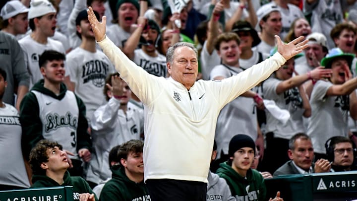 Michigan State's head coach Tom Izzo reacts after Jordan Scott scores during the second half against Michigan on Friday, Jan. 30, 2026, at the Breslin Center in East Lansing.