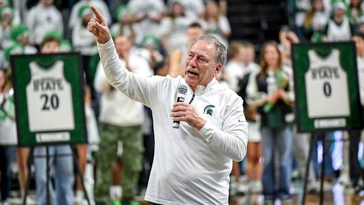 Michigan State's head coach Tom Izzo talks to the fans during the senior night ceremony after the Spartans win over Rutgers on Thursday, March 5, 2026, at the Breslin Center in East Lansing.