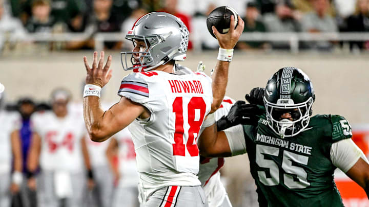 Ohio State's Will Howard throws a pass against Michigan State during the first quarter on Saturday, Sept. 28, 2024, at Spartan Stadium in East Lansing.