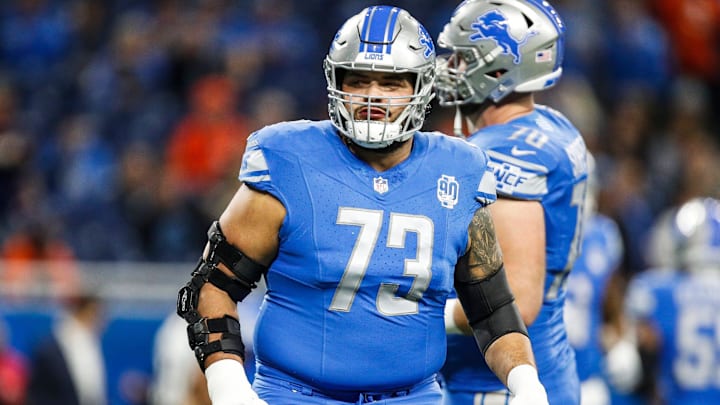Detroit Lions guard Jonah Jackson warms up before the Denver Broncos game at Ford Field in Detroit on Saturday, Dec. 16, 2023. Detroit Lions guard Jonah Jackson warms up before the Denver Broncos game at Ford Field in Detroit on Saturday, Dec. 16, 2023.