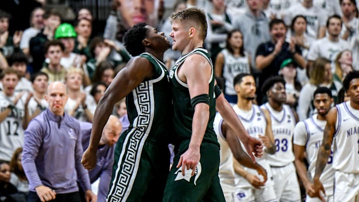 Michigan State's Jaxon Kohler, right, and Coen Carr celebrate during a Niagara timeout during the second half on Thursday, Nov. 7, 2024, at the Breslin Center in East Lansing. Michigan State's Jaxon Kohler, right, and Coen Carr celebrate during a Niagara timeout during the second half on Thursday, Nov. 7, 2024, at the Breslin Center in East Lansing.
