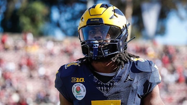 Michigan running back Donovan Edwards (7) warms up ahead of the Rose Bowl game against Alabama at Rose Bowl Stadium in Pasadena, Calif., on Monday, Jan. 1, 2024. Michigan running back Donovan Edwards (7) warms up ahead of the Rose Bowl game against Alabama at Rose Bowl Stadium in Pasadena, Calif., on Monday, Jan. 1, 2024.