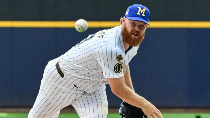 Jul 27, 2025; Milwaukee, Wisconsin, USA; Milwaukee Brewers starting pitcher Brandon Woodruff (53) throws a pitch in the first inning against the Miami Marlins at American Family Field. Mandatory Credit: Benny Sieu-Imagn Images