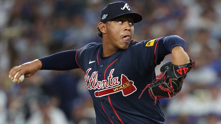 Oct 4, 2026: Atlanta Braves pitcher Didier Fuentes (72) throws during the sixth inning against the Los Angeles Dodgers in Game 2 of the NLDS for the 2026 MLB Playoffs at Uniqlo Field at Dodger Stadium. Credit: Kiyoshi Mio-Imagn Images
