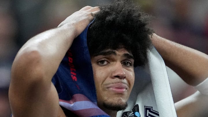 Arizona Wildcats forward Koa Peat (10) cries Saturday, April 4, 2026, after the team’s 91-73 loss to the Michigan Wolverines during the Final Four at Lucas Oil Stadium in Indianapolis. Arizona Wildcats forward Koa Peat (10) cries Saturday, April 4, 2026, after the team’s 91-73 loss to the Michigan Wolverines during the Final Four at Lucas Oil Stadium in Indianapolis.