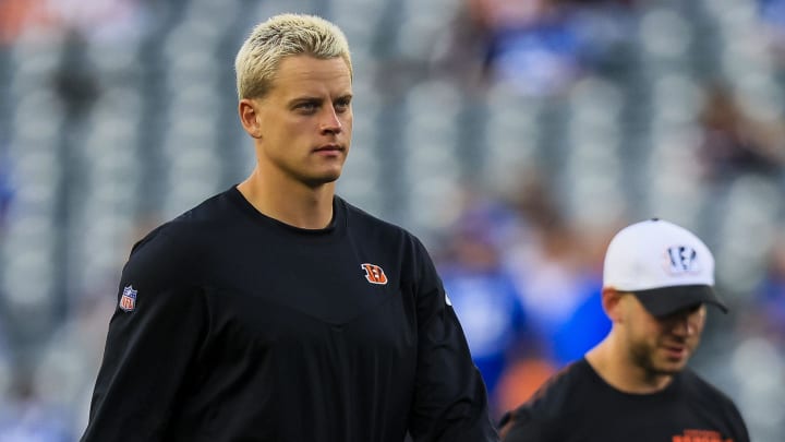 Aug 22, 2024; Cincinnati, Ohio, USA; Cincinnati Bengals quarterback Joe Burrow (9) walks off the field during warmups before the game against the Indianapolis Colts at Paycor Stadium. Mandatory Credit: Katie Stratman-USA TODAY Sports Aug 22, 2024; Cincinnati, Ohio, USA; Cincinnati Bengals quarterback Joe Burrow (9) walks off the field during warmups before the game against the Indianapolis Colts at Paycor Stadium. Mandatory Credit: Katie Stratman-USA TODAY Sports