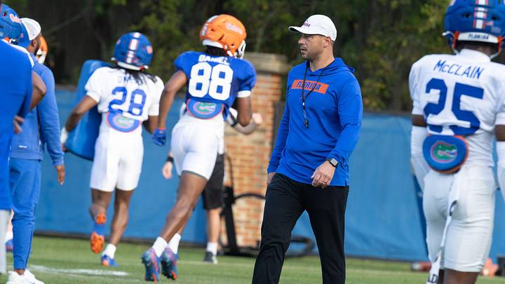 Florida head football coach Jon Sumrall supervises during spring practice at Sanders Practice Fields in Gainesville, FL on Tuesday, March 24, 2026. [Alan Youngblood/Gainesville Sun]