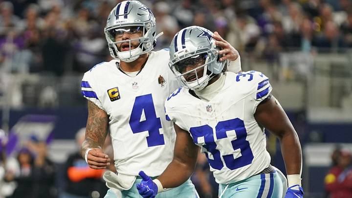 Dallas Cowboys running back Javonte Williams celebrates with quarterback Dak Prescott after a touchdown. Dallas Cowboys running back Javonte Williams celebrates with quarterback Dak Prescott after a touchdown.