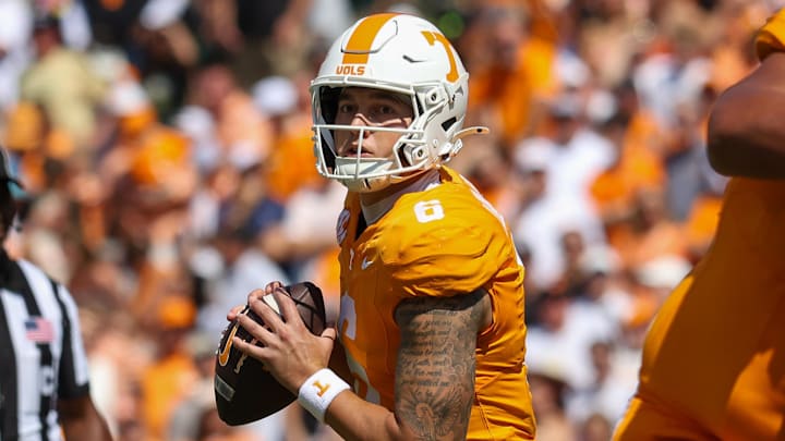 Sep 20, 2025; Knoxville, Tennessee, USA;  Tennessee Volunteers quarterback Joey Aguilar (6) looks to pass the ball against the UAB Blazers during the first quarter at Neyland Stadium. Mandatory Credit: Randy Sartin-Imagn Images