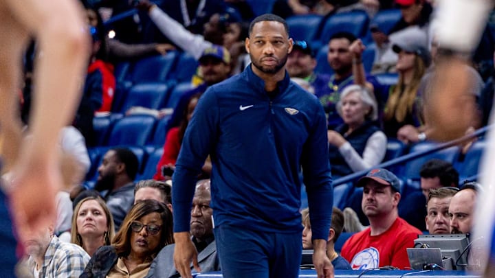Mar 24, 2025; New Orleans, Louisiana, USA;  New Orleans Pelicans head coach Willie Green looks on against the Philadelphia 76ers during the second half at Smoothie King Center. Mandatory Credit: Stephen Lew-Imagn Images