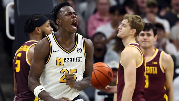 Missouri Tigers forward Mark Mitchell (25) celebrates after a bucket in a game versus the Minnesota Golden Gophers this season.