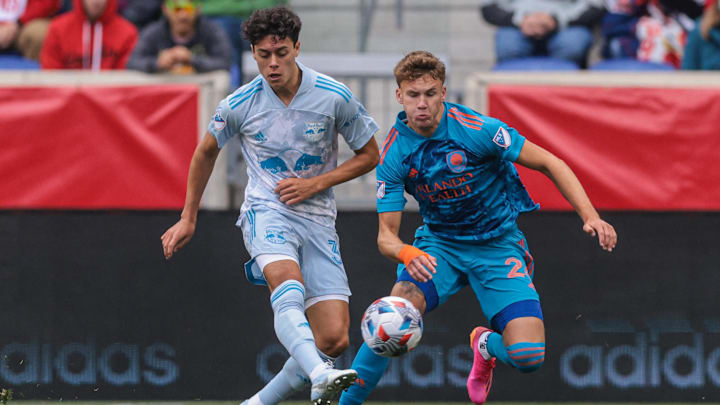 May 29, 2021; Harrison, New Jersey, USA; New York Red Bulls midfielder Caden Clark (37) battles for