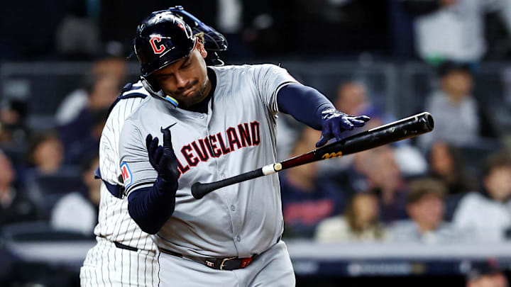 Oct 15, 2024; Bronx, New York, USA; Cleveland Guardians first base Josh Naylor (22) reacts after hitting an RBI sacrifice fly during the fifth inning against the New York Yankees in game two of the ALCS for the 2024 MLB Playoffs at Yankee Stadium. Mandatory Credit: Wendell Cruz-Imagn Images