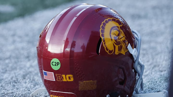 Sep 21, 2024; Ann Arbor, Michigan, USA;  USC Trojans helmet on the field during the game against the Michigan Wolverines at Michigan Stadium. Mandatory Credit: Rick Osentoski-Imagn Images