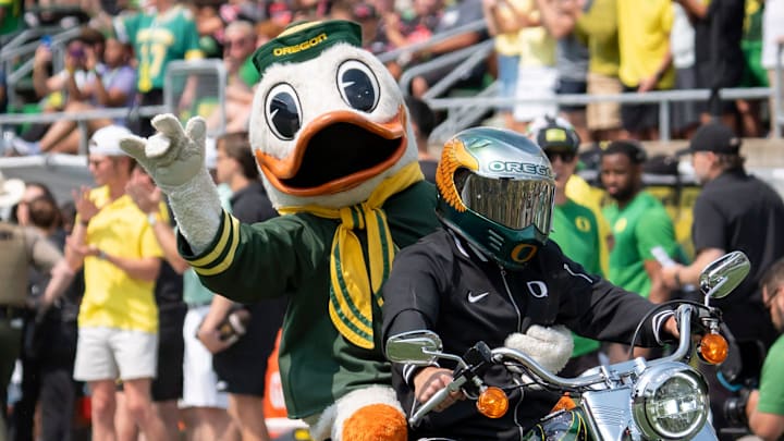 The Duck rides onto the field as the Oregon Ducks host the Montana State Bobcats on Aug. 30, 2025, at Autzen Stadium in Eugene, Oregon.
