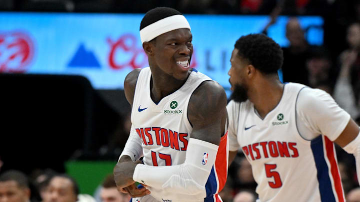 Apr 4, 2025; Toronto, Ontario, CAN;  Detroit Pistons guard Dennis Schroder (17) reacts and clutches his wrist after a shooting attempt against the Toronto Raptors in the second half at Scotiabank Arena. Mandatory Credit: Dan Hamilton-Imagn Images