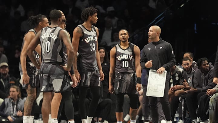 Apr 3, 2025; Brooklyn, New York, USA; Brooklyn Nets head coach Jordi Fernandez speaks to his players at a break in the action during the first half against the Minnesota Timberwolves at Barclays Center. Mandatory Credit: Gregory Fisher-Imagn Images Apr 3, 2025; Brooklyn, New York, USA; Brooklyn Nets head coach Jordi Fernandez speaks to his players at a break in the action during the first half against the Minnesota Timberwolves at Barclays Center. Mandatory Credit: Gregory Fisher-Imagn Images