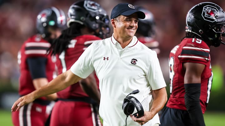Sep 6, 2025; Columbia, South Carolina, USA; South Carolina Gamecocks head coach Shane Beamer directs his team against the South Carolina State Bulldogs in the second half at Williams-Brice Stadium. Mandatory Credit: Jeff Blake-Imagn Images