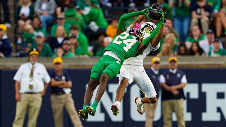 Notre Dame cornerback Mark Zackery IV (24) intercepts a pass intended for Stanford wide receiver Atticus Joseph (89) during a NCAA football game at Notre Dame Stadium on Saturday, Oct. 10, 2026, in South Bend. Notre Dame cornerback Mark Zackery IV (24) intercepts a pass intended for Stanford wide receiver Atticus Joseph (89) during a NCAA football game at Notre Dame Stadium on Saturday, Oct. 10, 2026, in South Bend.