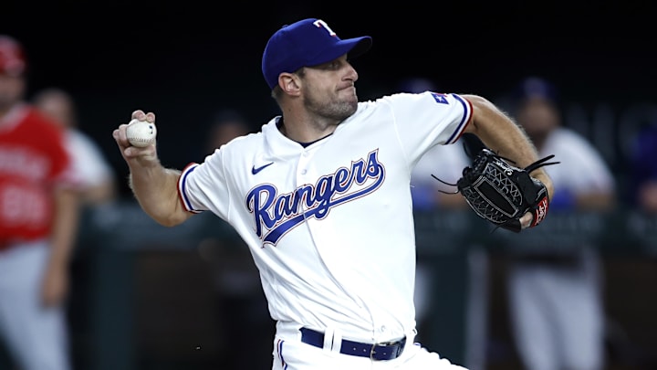 Aug 14, 2023; Arlington, Texas, USA; Texas Rangers starting pitcher Max Scherzer (31) throws a pitch