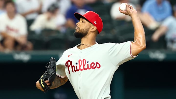 Aug 8, 2025; Arlington, Texas, USA;  Philadelphia Phillies starting pitcher Cristopher Sanchez (61) throws during the first inning against the Texas Rangers at Globe Life Field. 