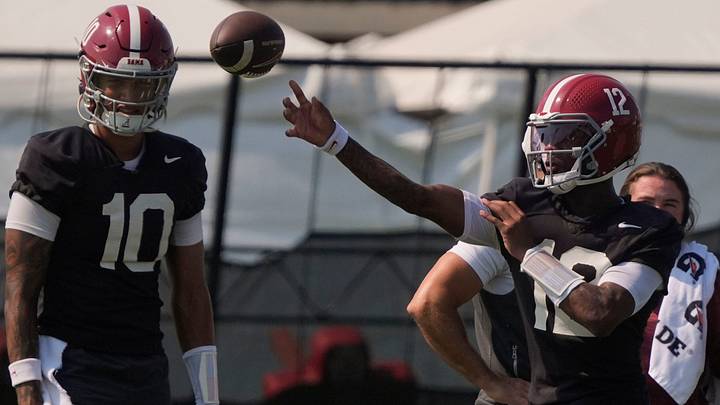 Aug. 6, 2026; Tuscaloosa, AL, USA;  Quarterback Keelon Russell throws a pass during the Alabama Crimson Tide’s first open practice session.