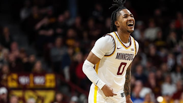 Mar 6, 2024; Minneapolis, Minnesota, USA; Minnesota Golden Gophers guard Elijah Hawkins (0) reacts