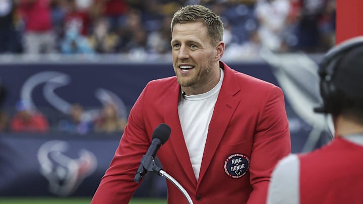 Oct 1, 2023; Houston, Texas, USA; Former Houston Texans player J.J. Watt speaks to the crowd after being inducted into the Texans Ring of Honor during the game against the Pittsburgh Steelers at NRG Stadium.