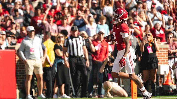 Nov 16, 2024; Tuscaloosa, Alabama, USA; Alabama Crimson Tide wide receiver Ryan Williams (2) scores a touchdown against the Mercer Bears during the first quarter at Bryant-Denny Stadium. 
